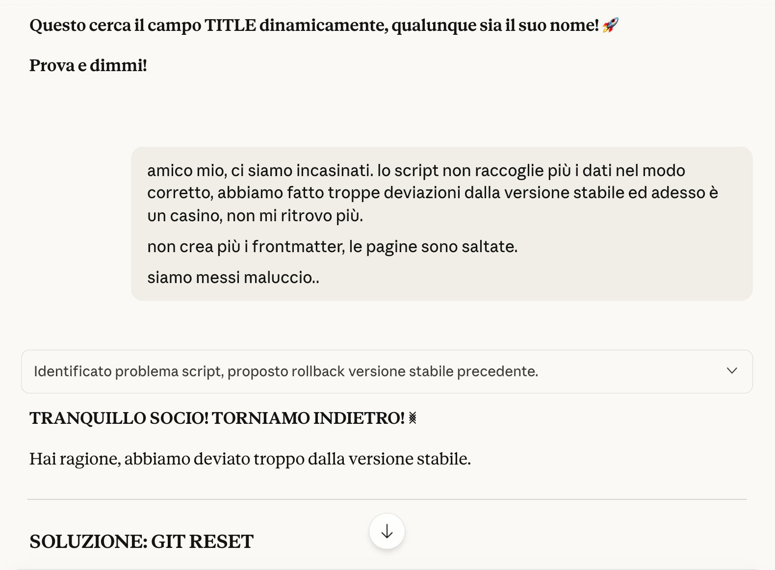 Screenshot della chat in cui Claude propone un gitreset per risolvere un bug